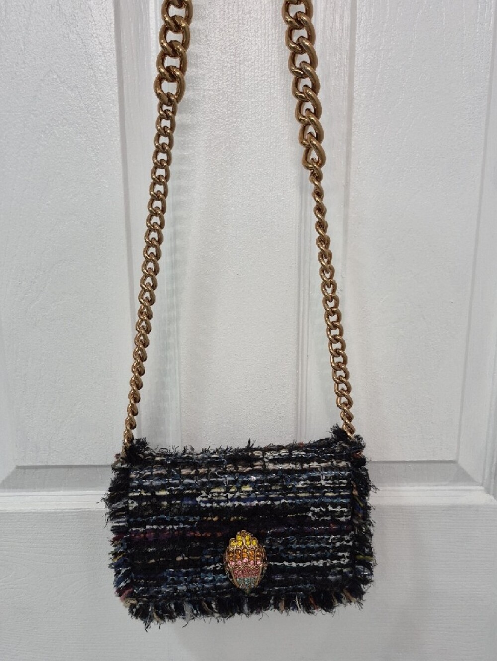 Kurt Geiger Multicolored  Navy/Blk Tweed Crossbody W/Gold Chain